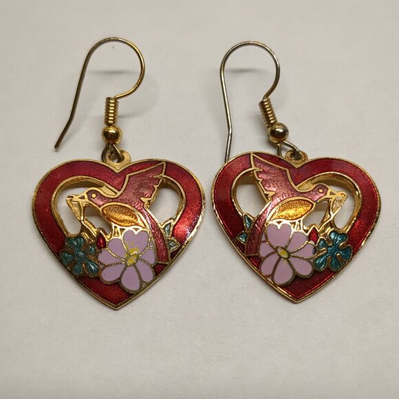 Jewelry - Cloissone Heart and Bird Earrings